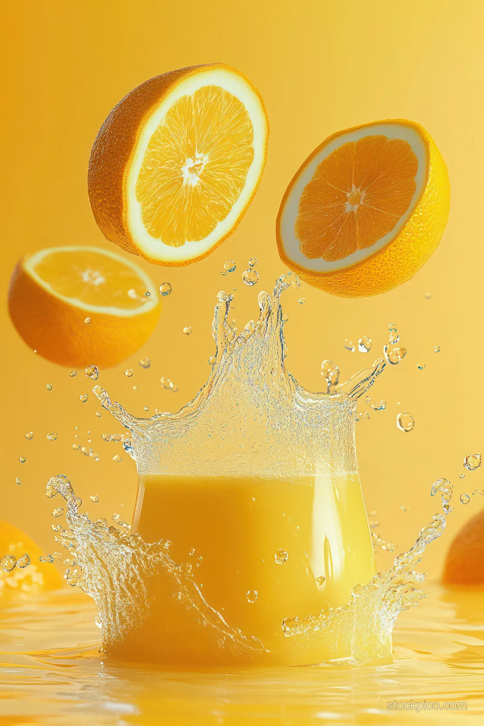 Orange juice splashes from a glass while orange slices float above a yellow background.