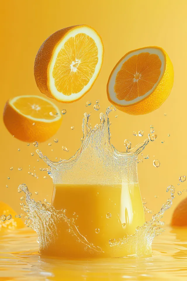 Orange juice splash with levitating slices on a bright yellow background with Citrus Beverages