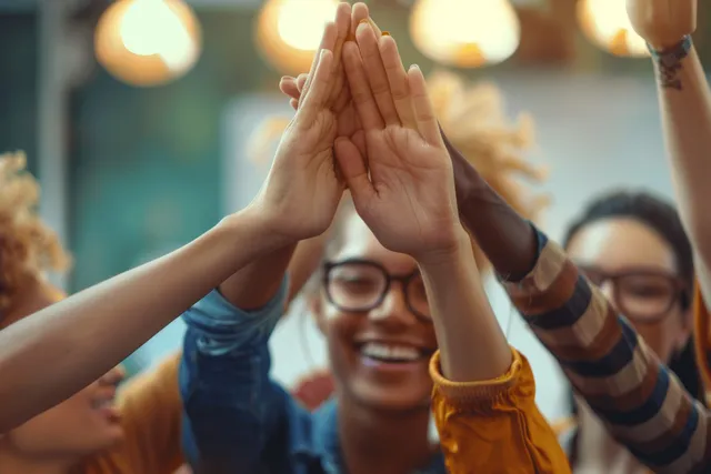 Diverse coworkers high-five together in an office, smiling and celebrating success.