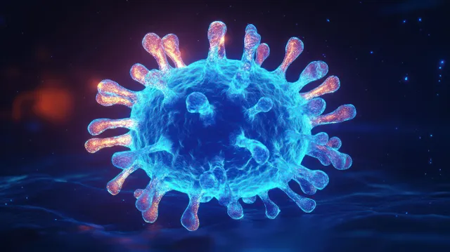 A glowing blue 3D coronavirus sphere with spike projections floats in a dark space background.