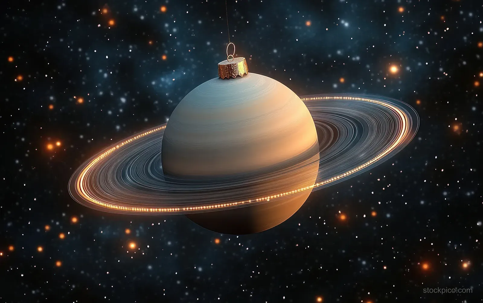 A Saturn-shaped Christmas ornament with glowing rings floats above a starry deep-space background.