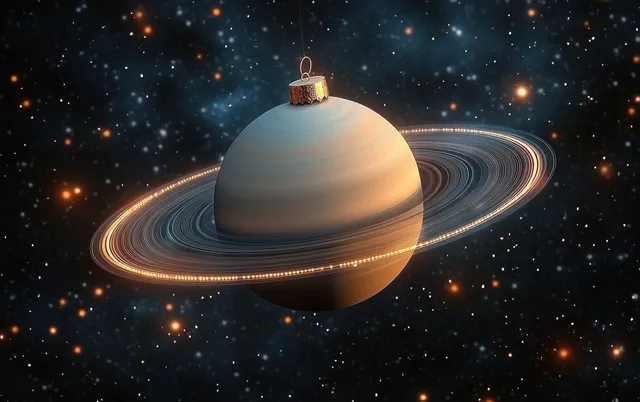 A Saturn-shaped Christmas ornament with glowing rings floats above a starry deep-space background.