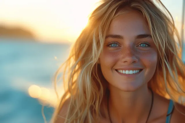 Beach sunset portrait of a smiling blonde woman with glowing ocean horizon behind her