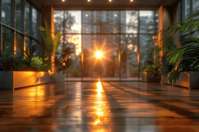 Sunlight streams through glass walls into a modern office corridor with wooden panels and reflective parquet flooring.