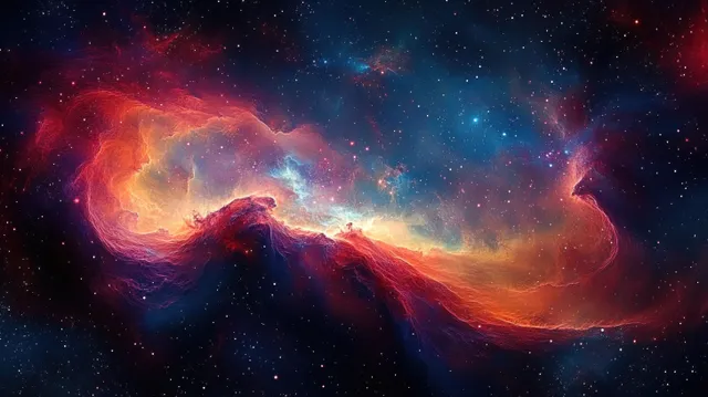 A spiral nebula galaxy swirls with glowing red and blue gas clouds and bright star dust in dark space.