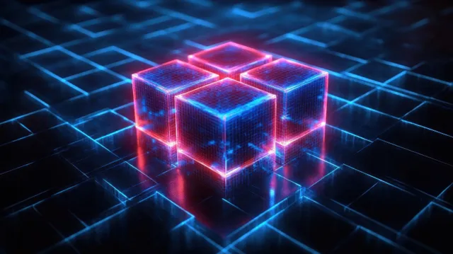 Neon cube emits red and blue light above a glowing digital grid with connecting lines.