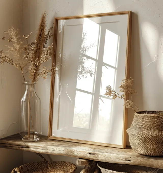 Empty picture frame on a wooden shelf with dried flowers and a woven basket, lit by window sunlight.