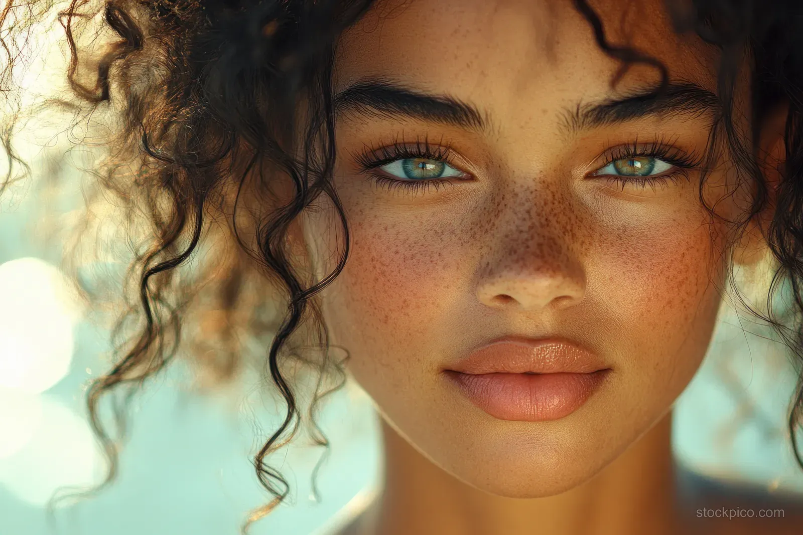 Close portrait of a smiling Black woman at the beach with curly hair in bright sunlit light.