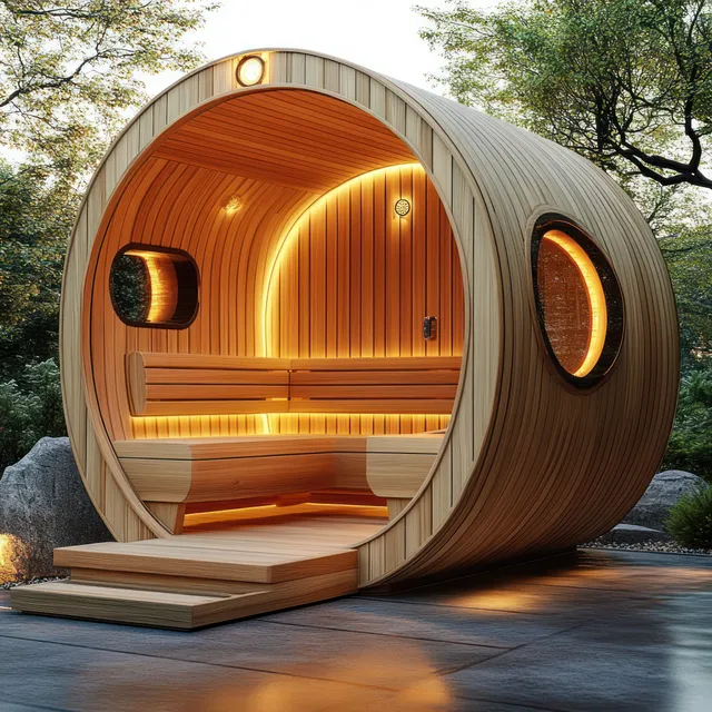 Circular outdoor wooden sauna open to show warm bench seating under golden interior lighting among trees and rocks.