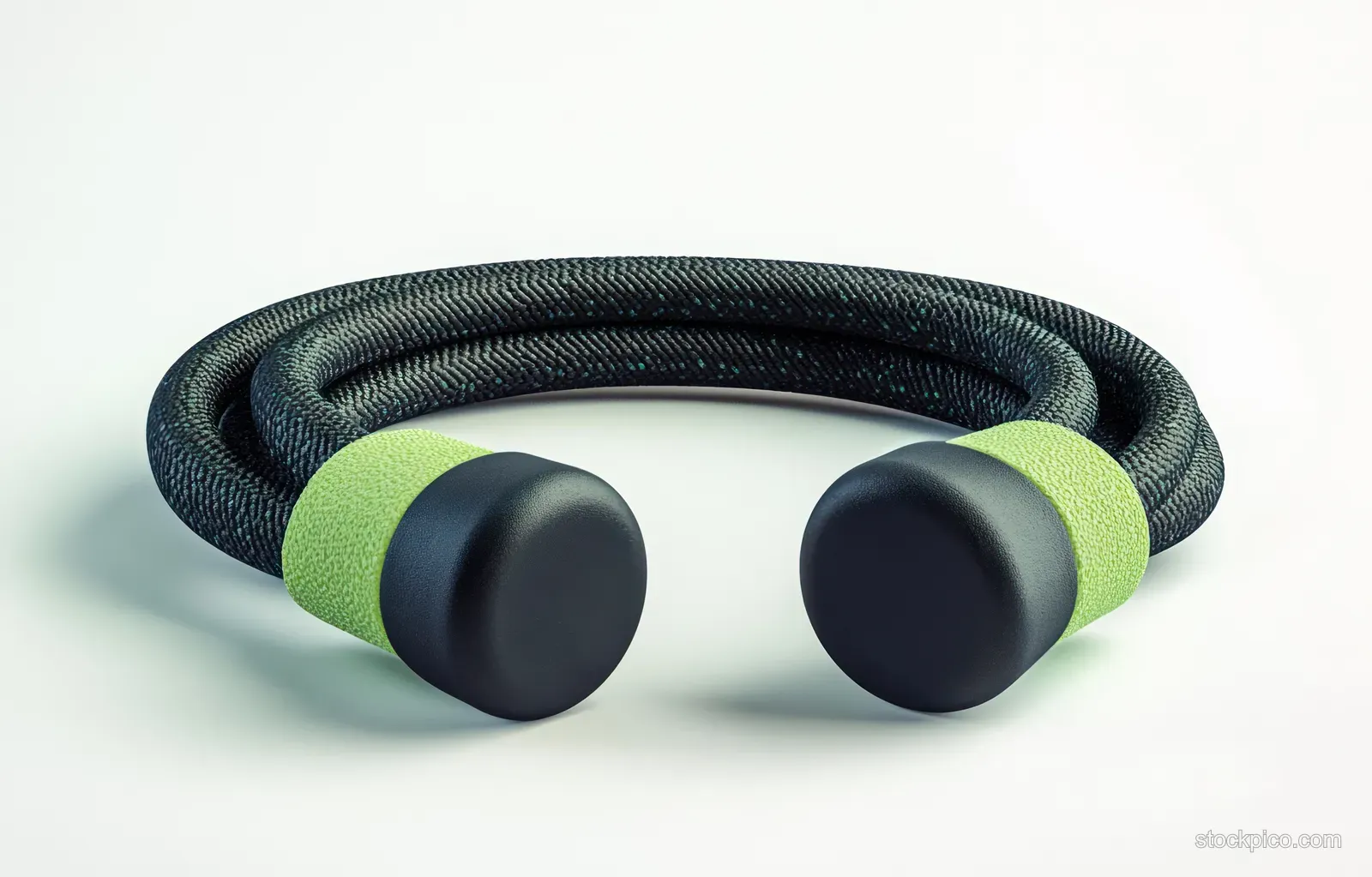 A black resistance band loop with textured green grips on a clean white background.