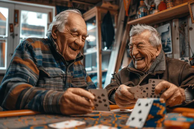 Two elderly men play cards at a table in a cozy room with wooden shelves behind them.