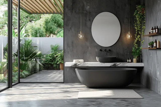 Minimalist bathroom interior with black freestanding tub and marble sink beside garden view