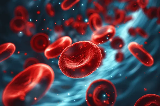 Red blood cells float and flow through a vein-like microchannel under a microscope-style medical illustration.