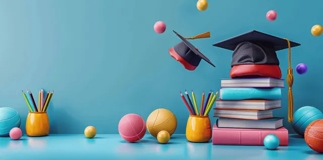3D graduation cap sitting on stacked books with pencils, notebooks, and colorful balls on a light blue background.