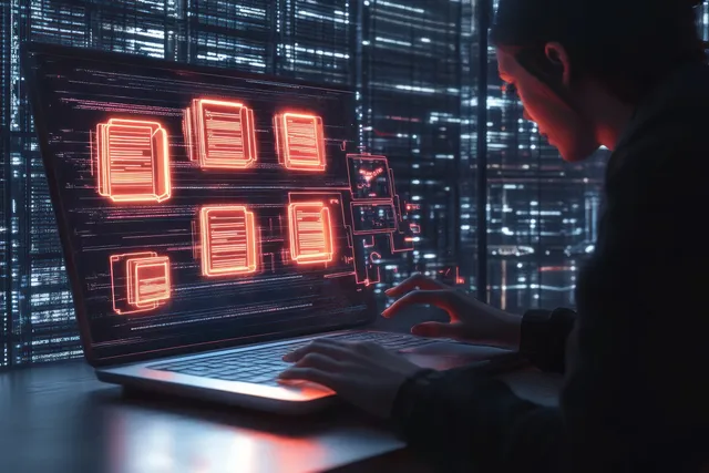 A laptop shows a glowing holographic library interface with floating book panels in a cyberpunk office at night.