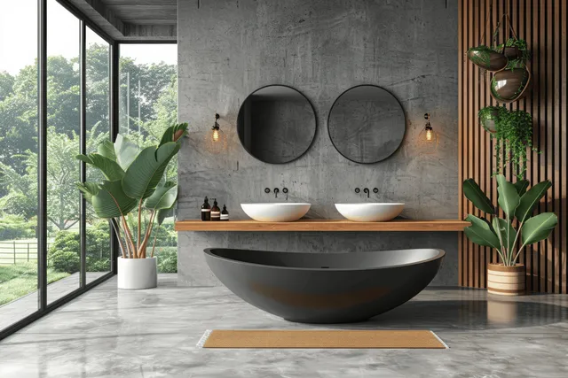 Concrete bathroom interior shows a black freestanding bathtub, round mirrors, and large windows with indoor plants.