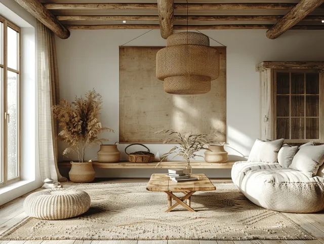 Cozy minimalist living room with beige sofa, wooden beams, and sunlit window