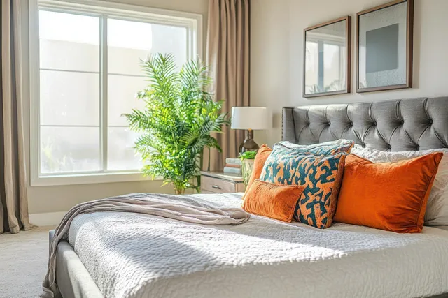Sunlit mid-century modern bedroom with a tufted headboard, orange pillows, large windows, and a potted plant.