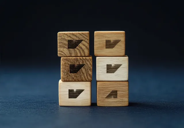 Six stacked wooden blocks in two columns show engraved checkmarks on a dark surface.