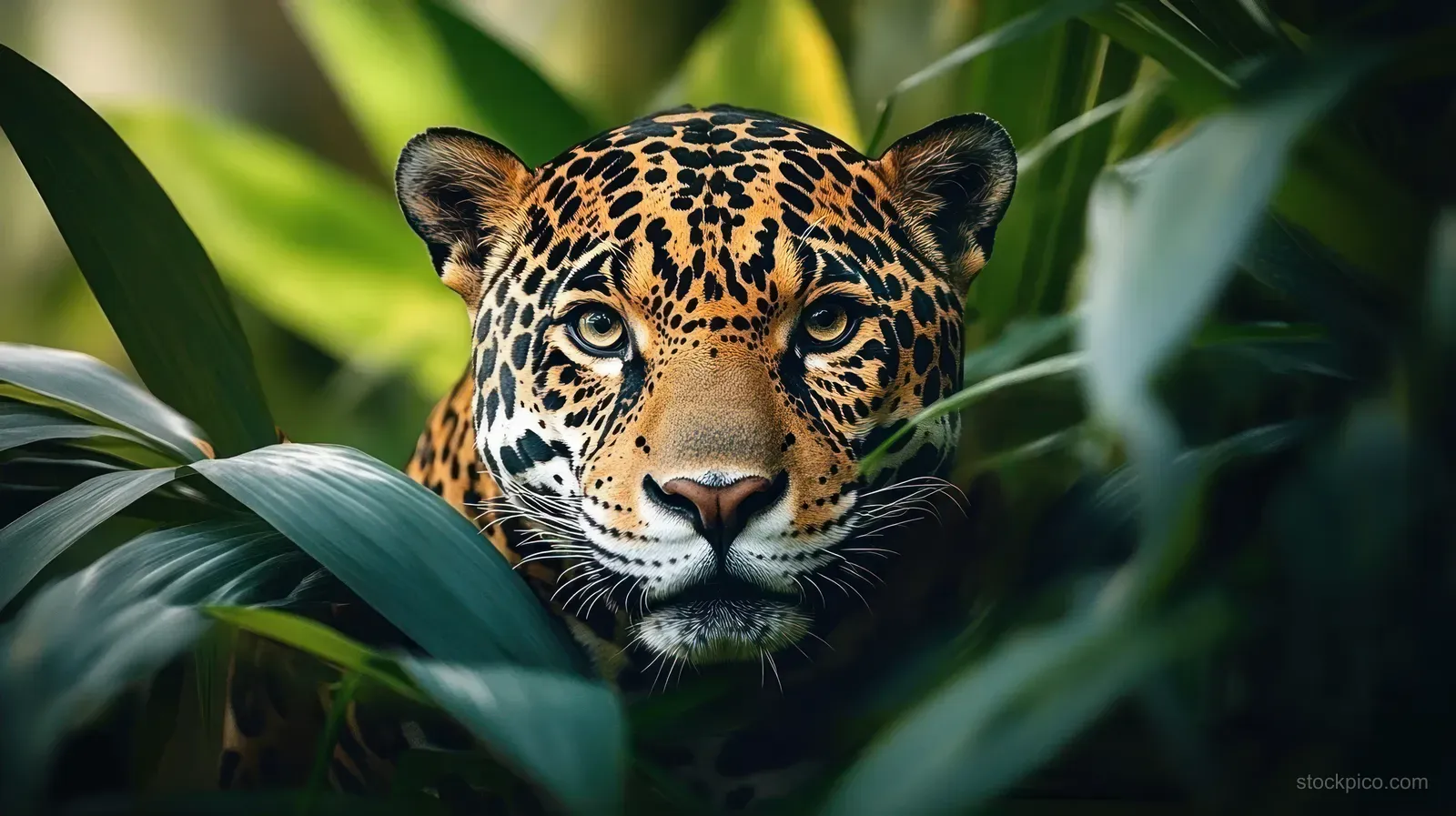 A jaguar peeks through dense green tropical leaves with sharp, focused eyes.
