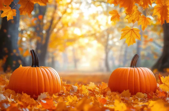 Two pumpkins on fallen leaves under orange maple branches with a softly lit autumn forest backdrop.