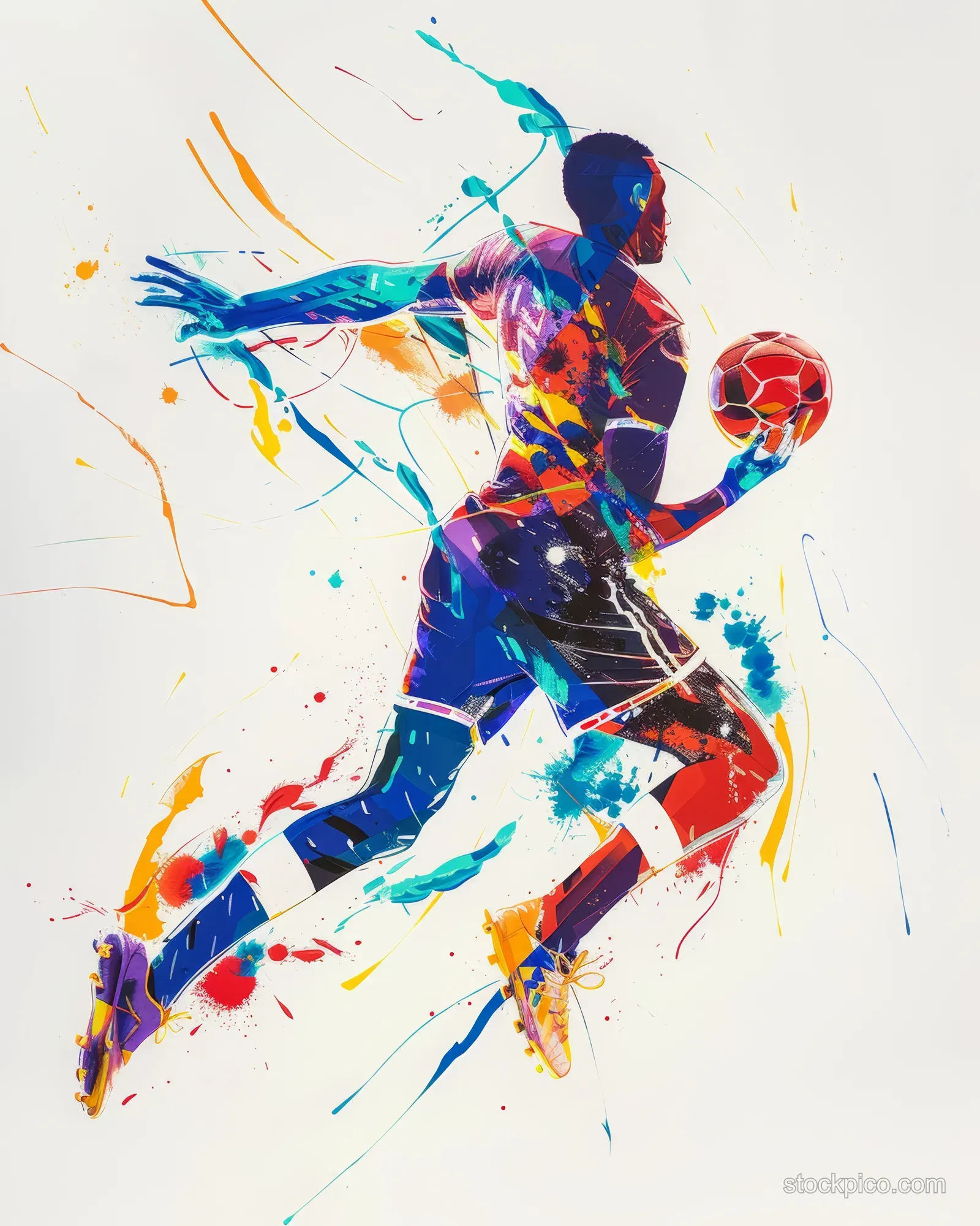 Illustrated handball player mid-throw surrounded by red ball and colorful paint splashes.