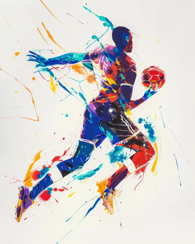 Handball player in mid-throw with colorful splatter backdrop and dynamic sprint motion blur