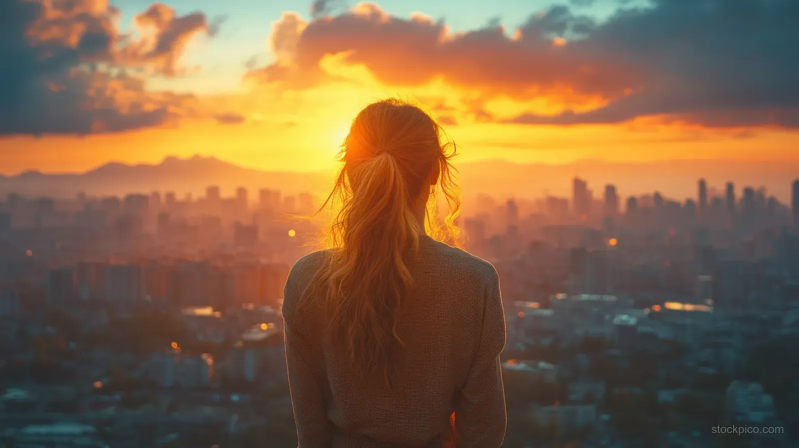 Woman posing on a Rio terrace at sunset with Guanabara Bay and city skyline in the background.