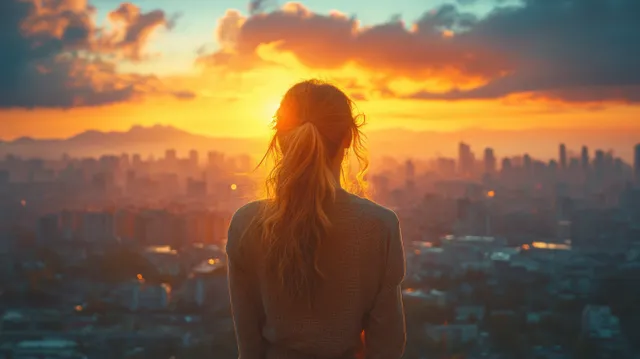 Mulher posando em um terraço no Rio ao pôr do sol, com a Baía de Guanabara e o horizonte da cidade ao fundo.