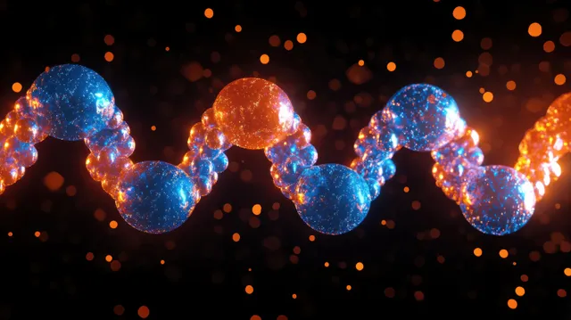 Glowing 3D DNA double helix with blue and orange spheres drifting among particles