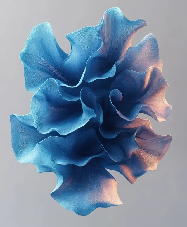 Abstract blue ruffled petals 3D render on soft gray background with sculpted bloom glow