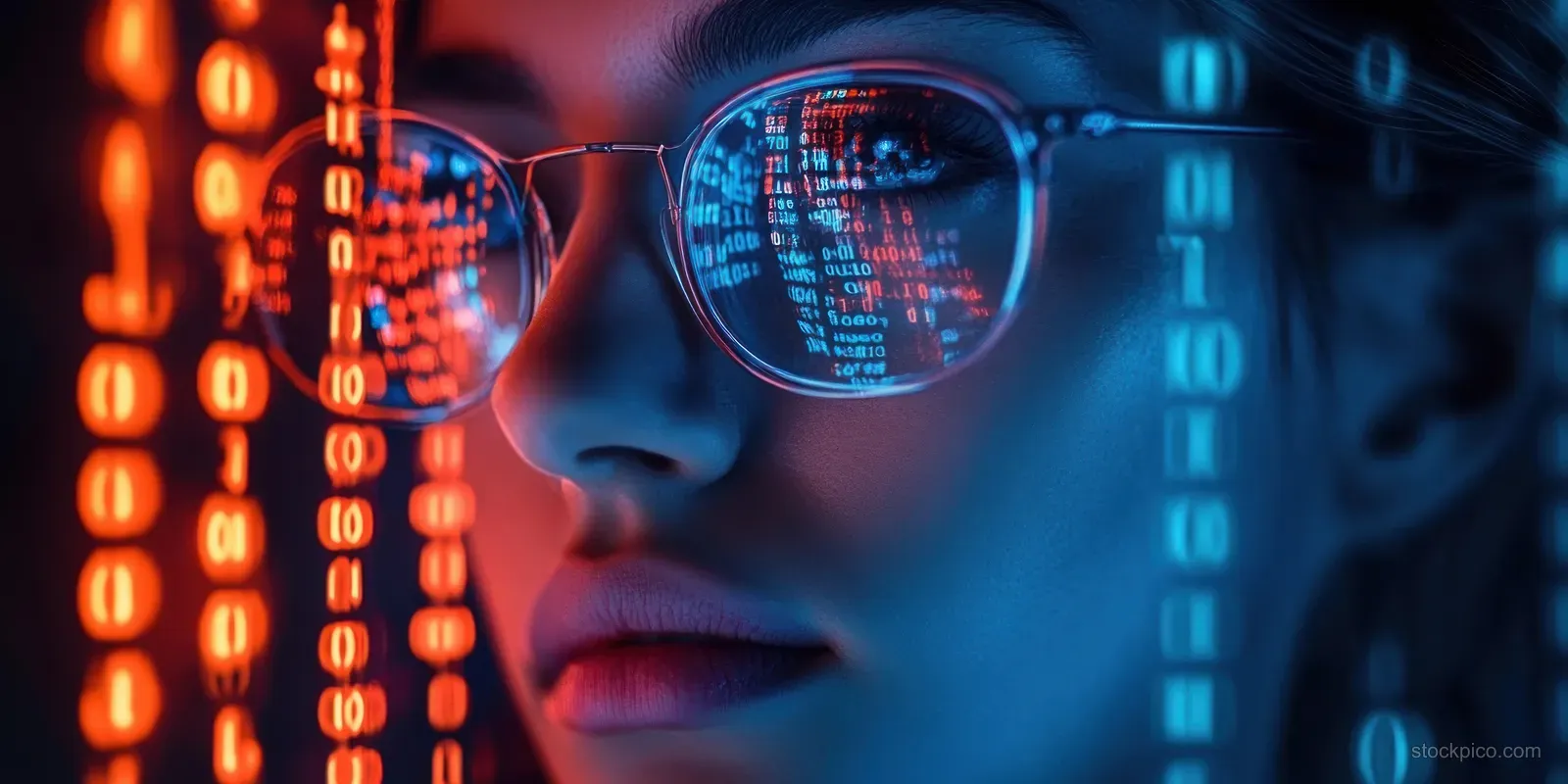 A scientist in glasses studies glowing binary code in a dark neon-lit setting.