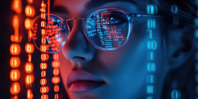 A scientist in glasses studies glowing binary code in a dark neon-lit setting.