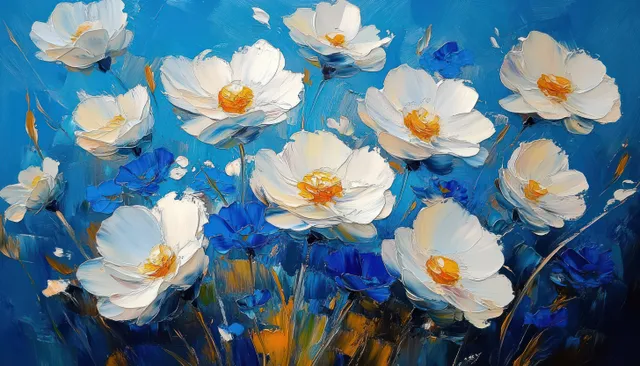 Painted white and blue flowers with yellow centers on a textured blue and orange abstract background.