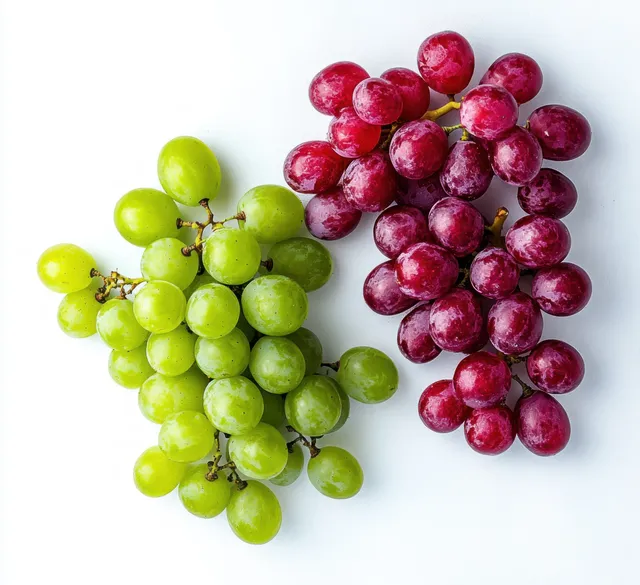 Overhead view of red and green grape clusters on a white background.