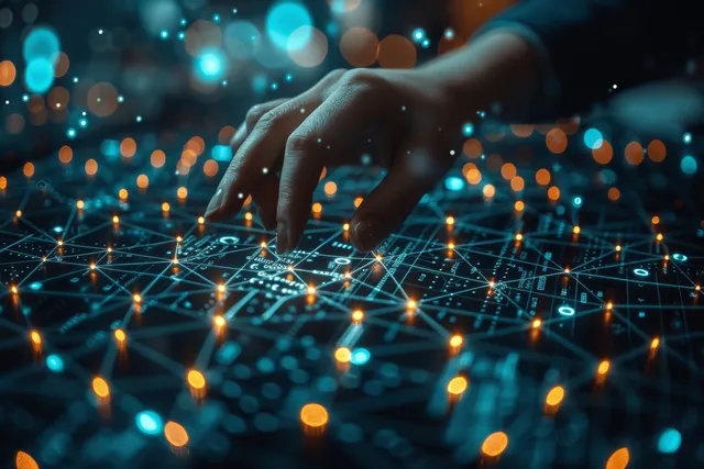 A hand taps glowing network nodes over a laptop screen, illustrating a digital organizational structure concept.