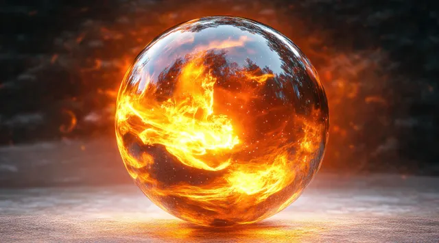 A glowing transparent sphere filled with swirling flames and sparks rests on a textured surface with a dark blurred background.