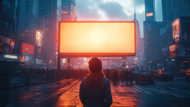 A blank billboard glows above an empty city street as a person looks toward illuminated skyscrapers at golden hour.