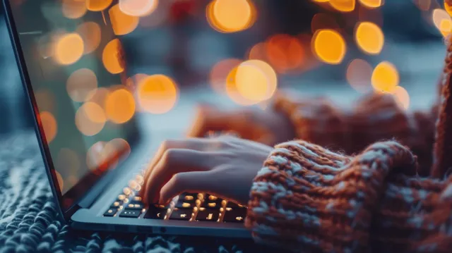 Closeup of hands typing on a laptop keyboard with warm bokeh lights blurred behind.