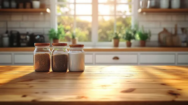 Three glass jars of grains rest on a wooden kitchen counter with warm sunlight and blurred background.