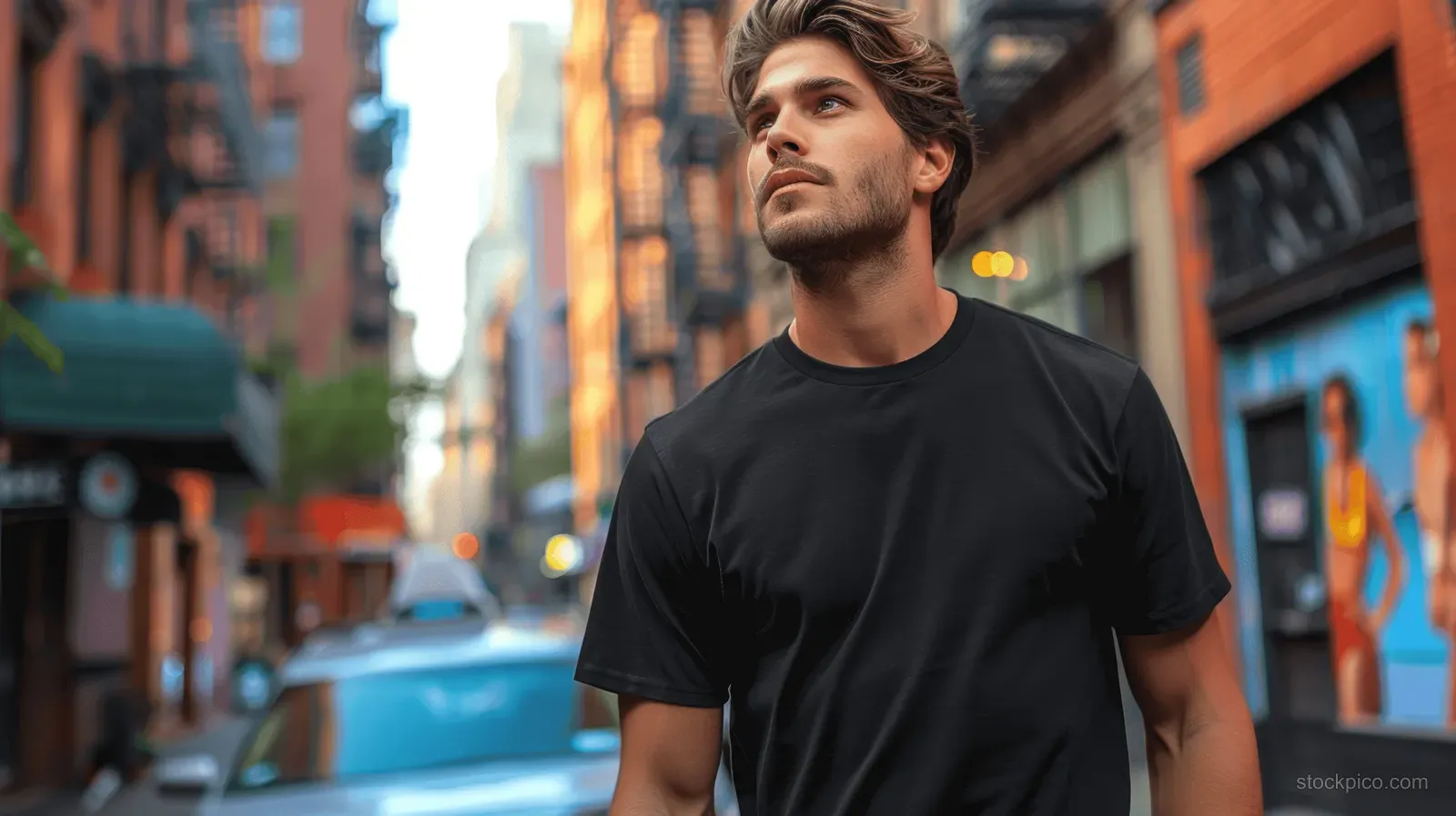 Young man wearing a black t-shirt poses on a New York street with blurred orange storefronts and traffic bokeh.