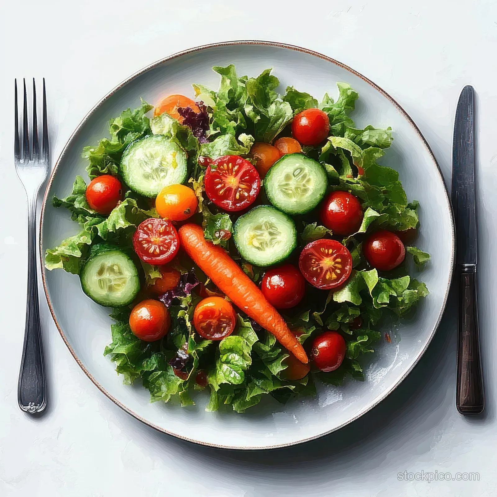 Mixed salad on a white plate with leafy greens, cherry tomatoes, cucumber slices, and a baby carrot beside fork and knife.