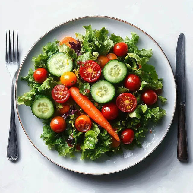 Mixed salad on a white plate with leafy greens, cherry tomatoes, cucumber slices, and a baby carrot beside fork and knife.