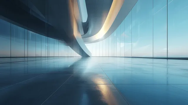 Minimalist futuristic glass cube corridor with glowing lights and reflections on a polished concrete floor.