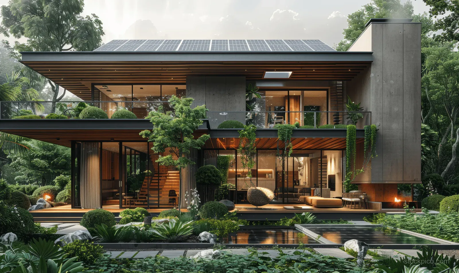 Modern home exterior with solar panels on the roof, a visible heat pump unit, and illuminated garden landscaping.