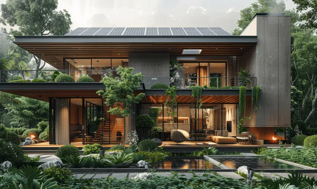 Energy-efficient modern house with solar roof and air-source heat pump outdoor unit
