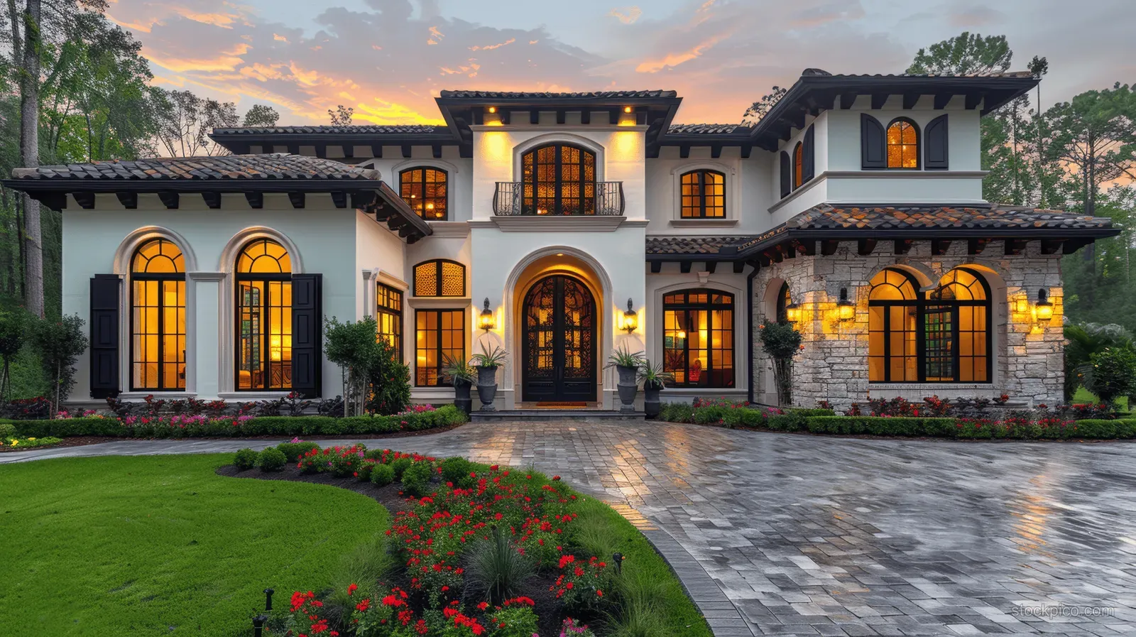 Spanish colonial mansion exterior at sunset with arched entry gate, white stucco, black shutters, and glowing landscape lighting.