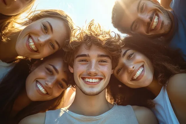 Diverse friends lie on sunny park grass, smiling and laughing with the sky in the background.