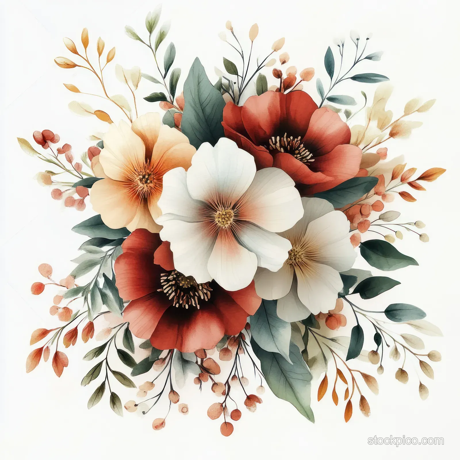 Watercolor floral frame with peach, red, and white flowers and leafy accents surrounding an empty center.