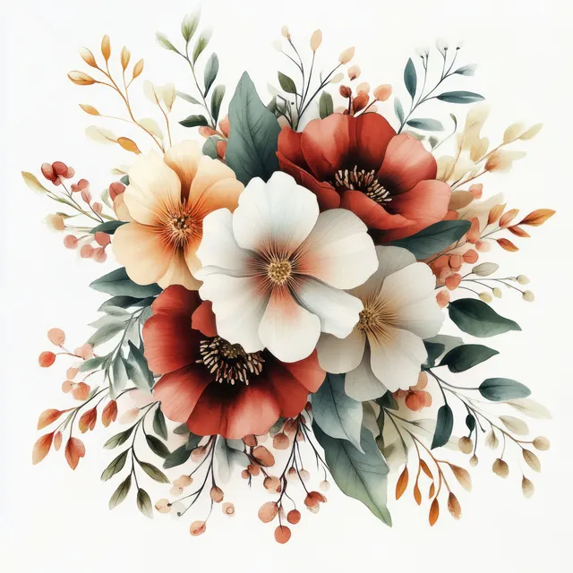 Watercolor floral frame with peach, red, and white flowers and leafy accents surrounding an empty center.